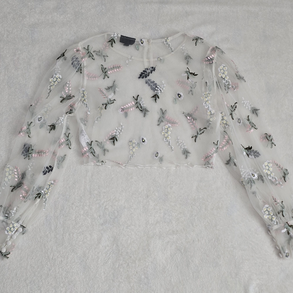 Women's Top Shop Shirt Sheer Tulle with Puff Sleeves Size 6 Embroidered TopShop - Picture 7 of 7